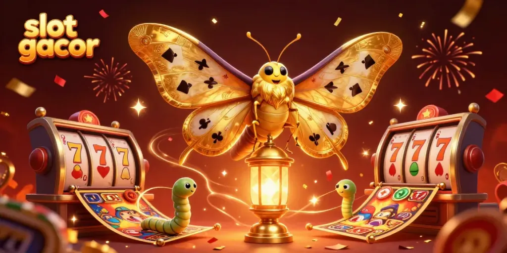 Engaging visual showing slot gacor elements with a vibrant atlas moth and casino scenes.