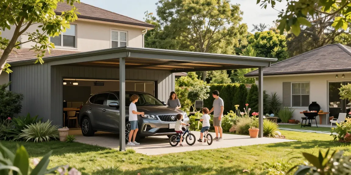 Schicker Carport in einem Vorort mit einer Familie, die sich um ein geparktes Auto versammelt, Kinder spielen mit Fahrrädern im Hintergrund.