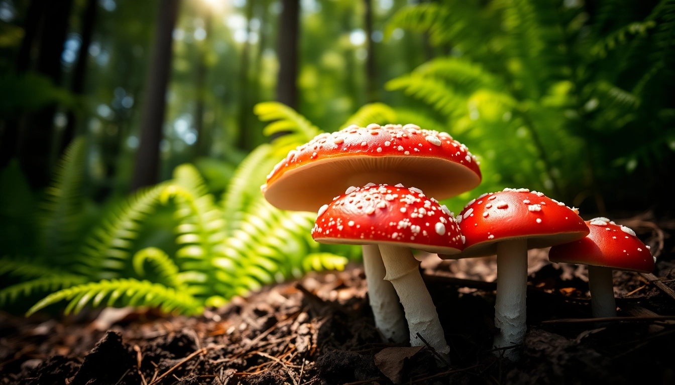 Fliegenpilz bestellen: Frische rote Fliegenpilze im harmonischen Waldbereich mit grünen Farbtönen.