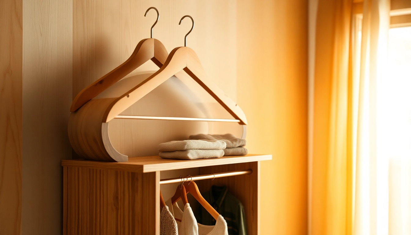 Präsentiere einen stilvollen Holz Kleiderbügel, der perfekt für deinen Kleiderschrank geeignet ist.