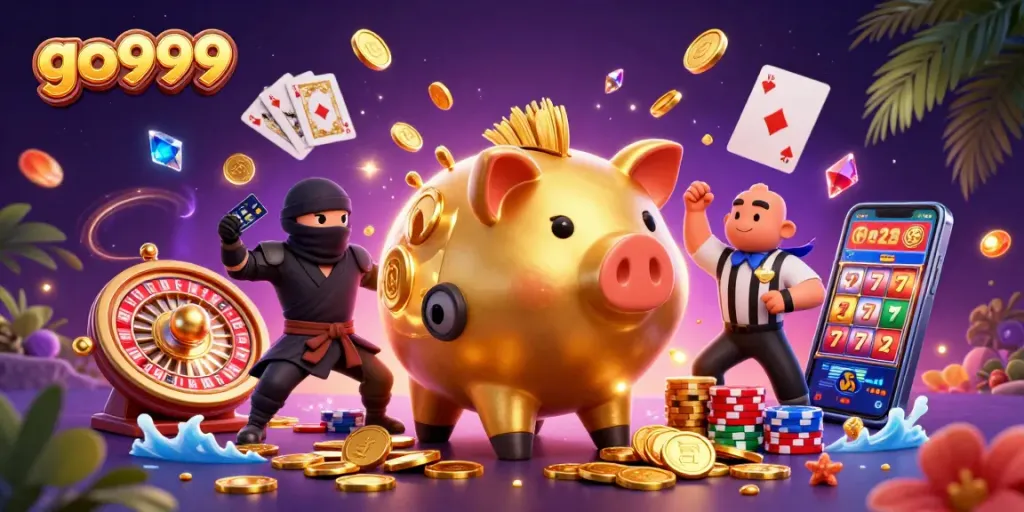 Experience thrilling casino excitement with go999, featuring a lively scene of characters and dynamic game elements.
