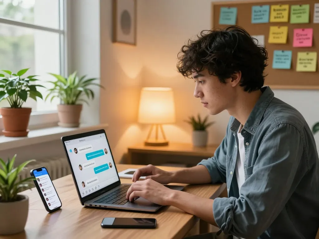 Sexting AI interaction in a vibrant home office environment, featuring a young adult engaged in a lively chat with an AI chatbot.