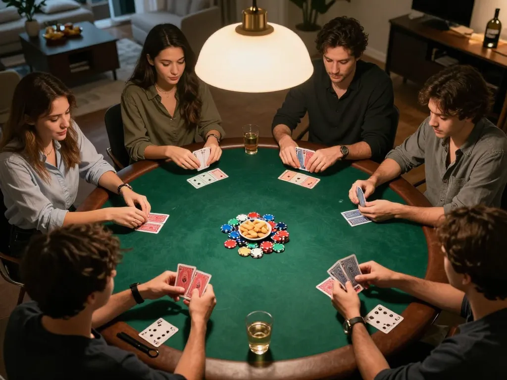 Friends enjoying an exciting poker night at home with MK8 games, chips, and cards visible.
