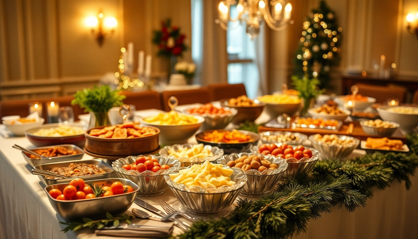 Partyservice bietet eine exquisite Buffet-Auswahl für feierliche Anlässe, dekoriert mit eleganten Tisch-Accessoires.