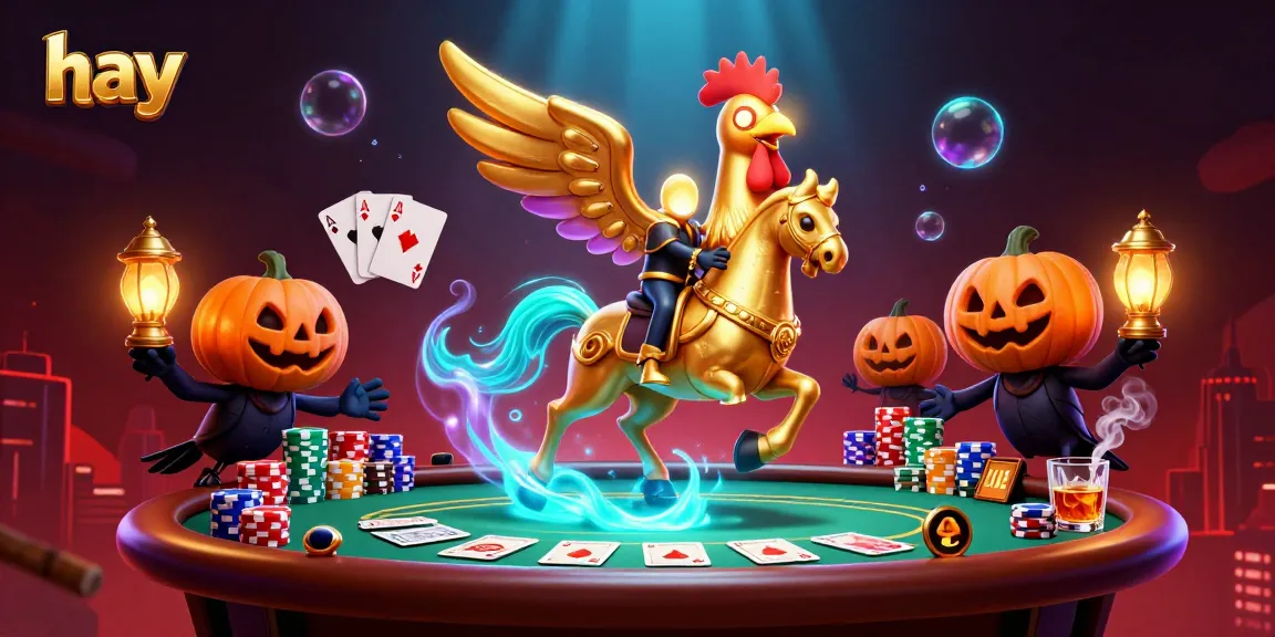 Casino-themed scene with a golden rooster and companions enjoying poker gameplay at night, showcasing hay.