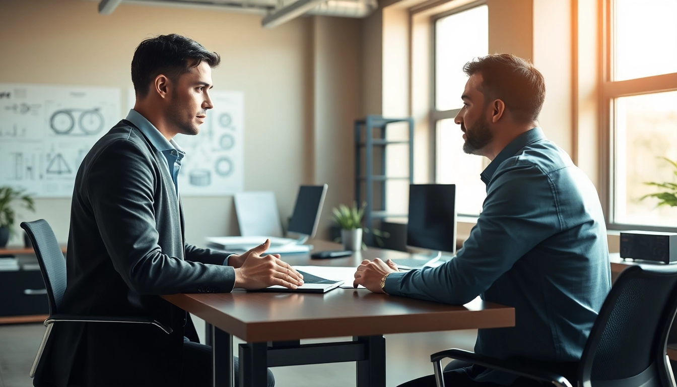 Headhunter Ingenieure in a bright office discussing recruitment strategies with a client.