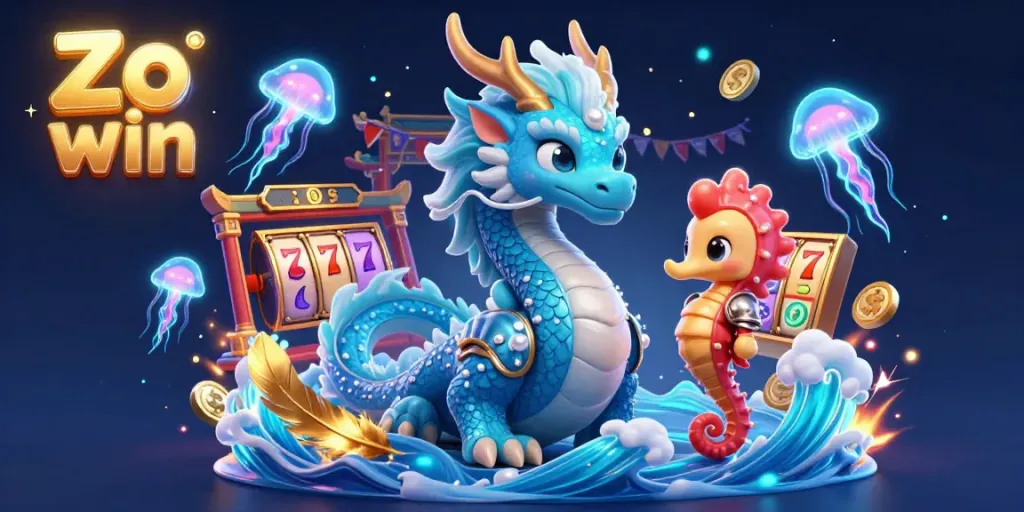 Experience excitement at Zo win with sparkling jackpots and a lively underwater casino scene featuring a dragon and jellyfish.