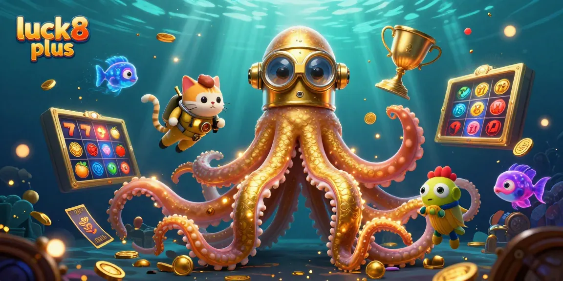 Engage with luck8 plus as the kraken showcases radiant slot symbols and a diving cat in a vibrant underwater casino.