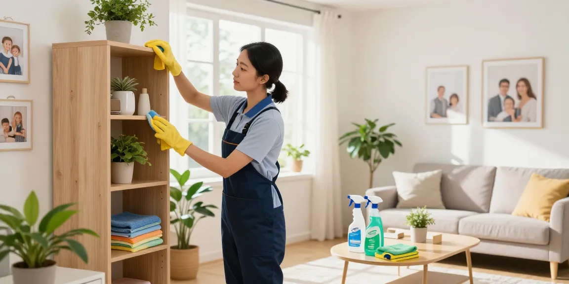 Professional cleaner from a reinigungsfirma solothurn organizing a bright living room, showcasing cleanliness and care.