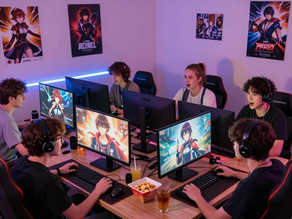 Immerse in the world of porn ganes with gamers enjoying adult visual novels in a cozy, colorful room.
