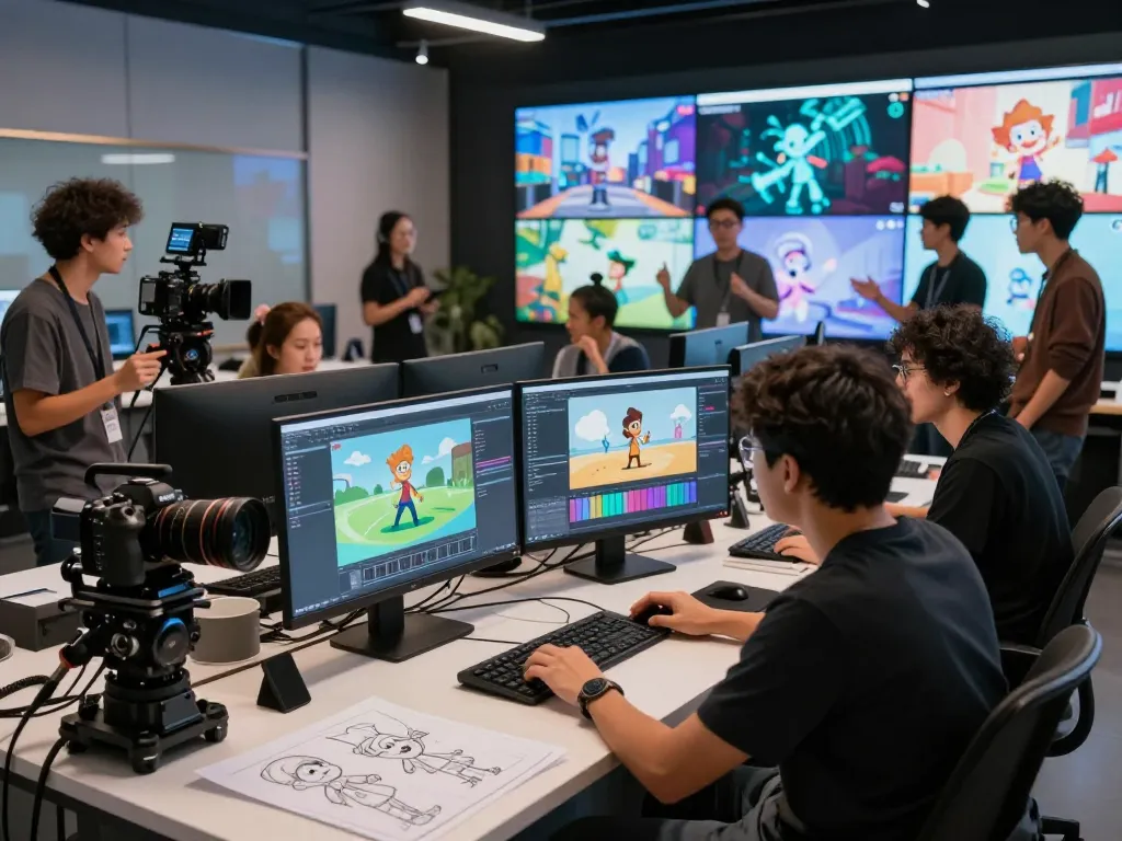 A creative team utilizing motion control technology in a modern video production studio for animation projects.