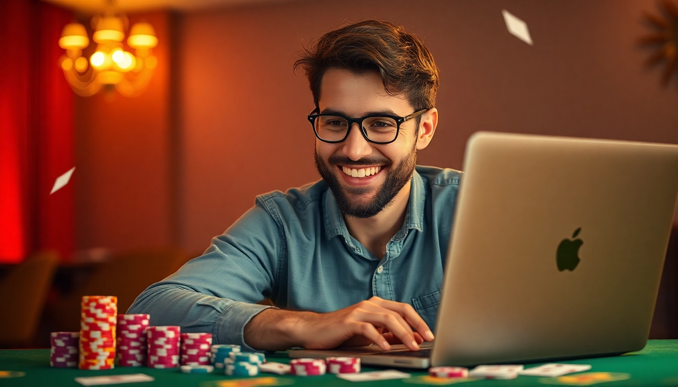 Spiele casino ohne anmeldung mit einem glücklichen Spieler, der Casino-Chips und Karten genießt.