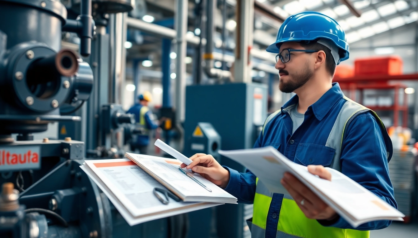 Technician conducting DGUV V3 Prüfung inspection in a safe workplace.