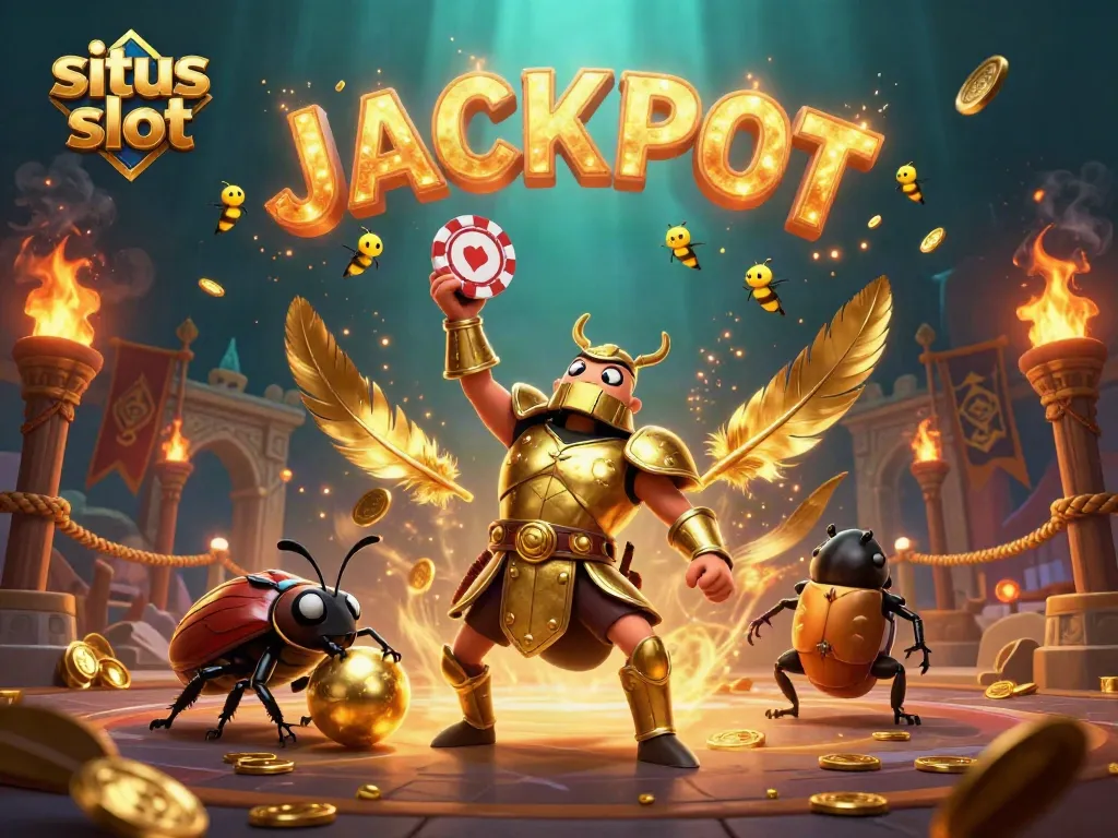 Experience the thrill of playing situs slot with a vibrant, victory-themed 3D scene.