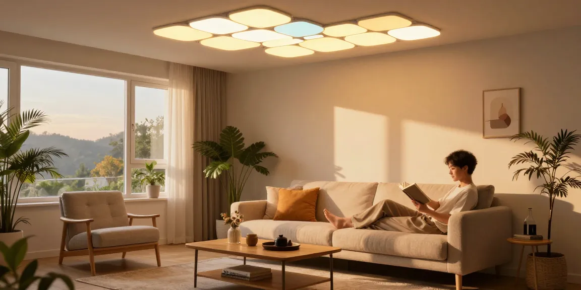 Cozy living room with Nanoleaf Skylight Nachteile illuminating a person reading, showing warm ambiance and modern decor.
