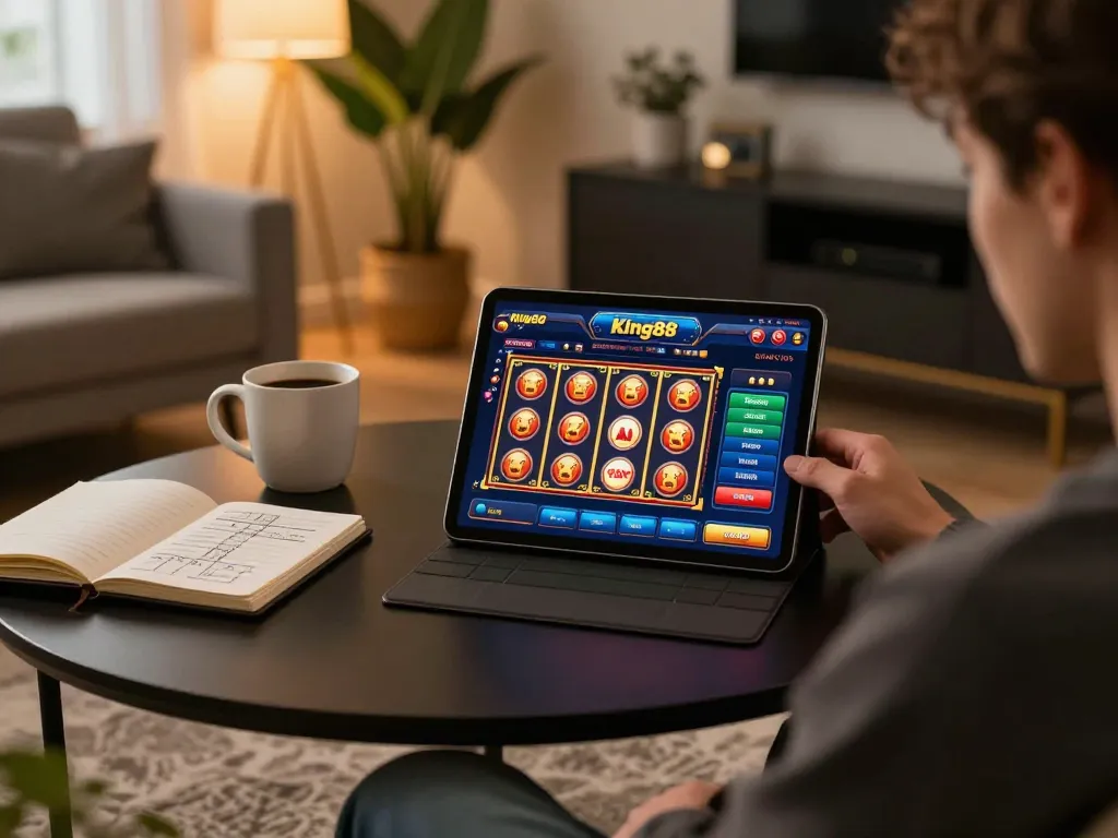 Engaged player interacting with King88 casino app on tablet in cozy home setup.