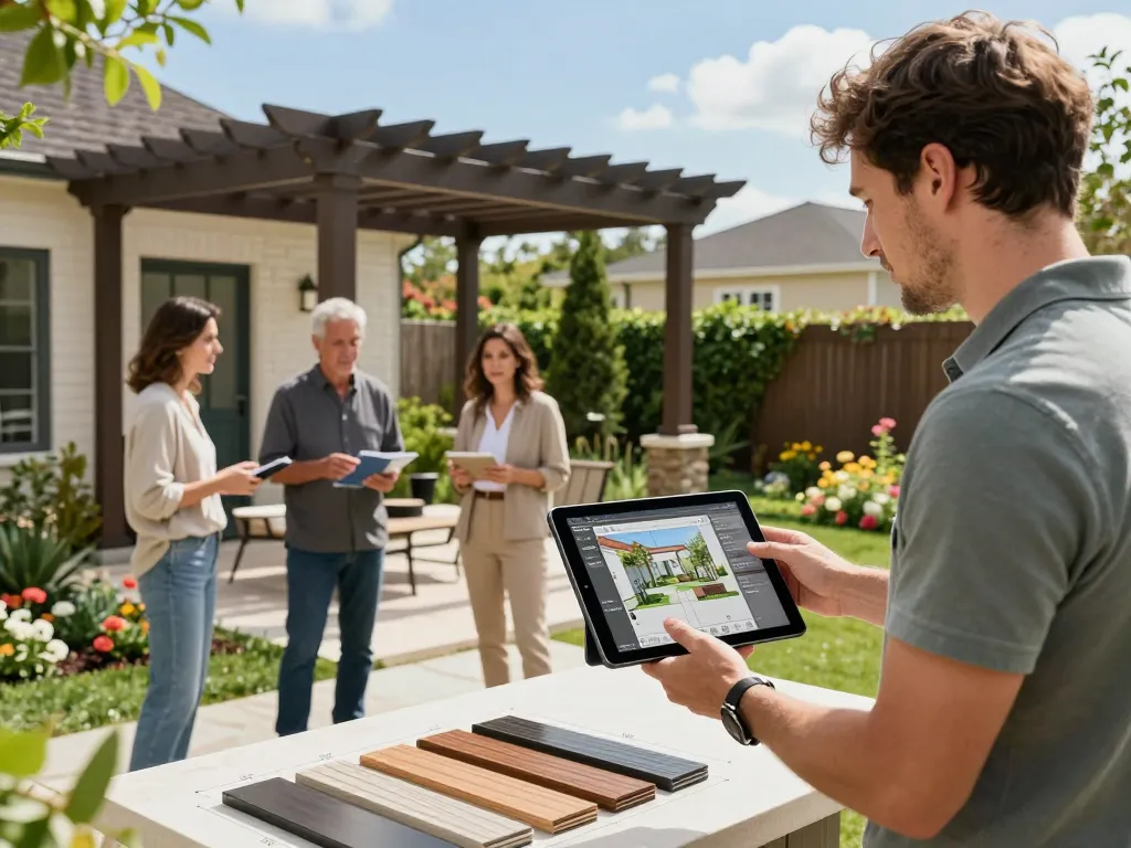 Software für Pergola-Installateure, präsentiert in einer Landschaftsgestaltungsberatung mit Kunden, die über individuelle Pergola-Optionen diskutieren.