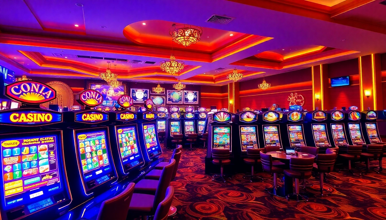 Genießen Sie Casino Bonus Aktionen in einem lebhaften Casino mit bunten Spielautomaten und strahlendem Ambiente.