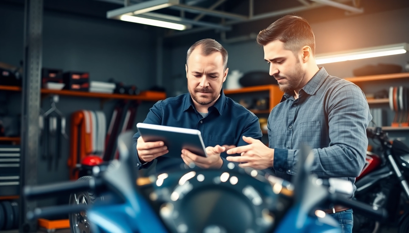 Motorradgutachten Augsburg: Fachmann inspiziert Motorrad in professioneller Garage.