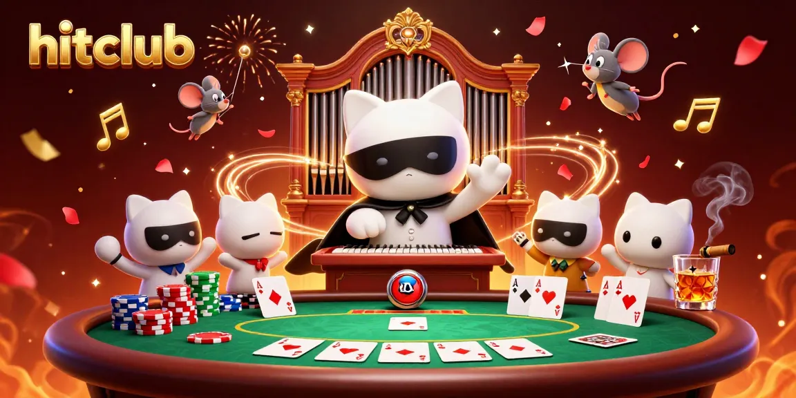 Experience thrilling gameplay at Hitclub, with a captivating scene of 3D characters celebrating gambling excitement amidst poker elements.