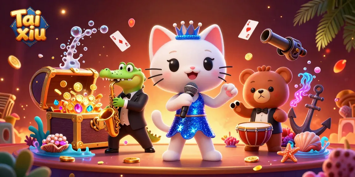 Engage in Tai xiu action with a lively scene of cartoon characters surrounded by casino treasures.