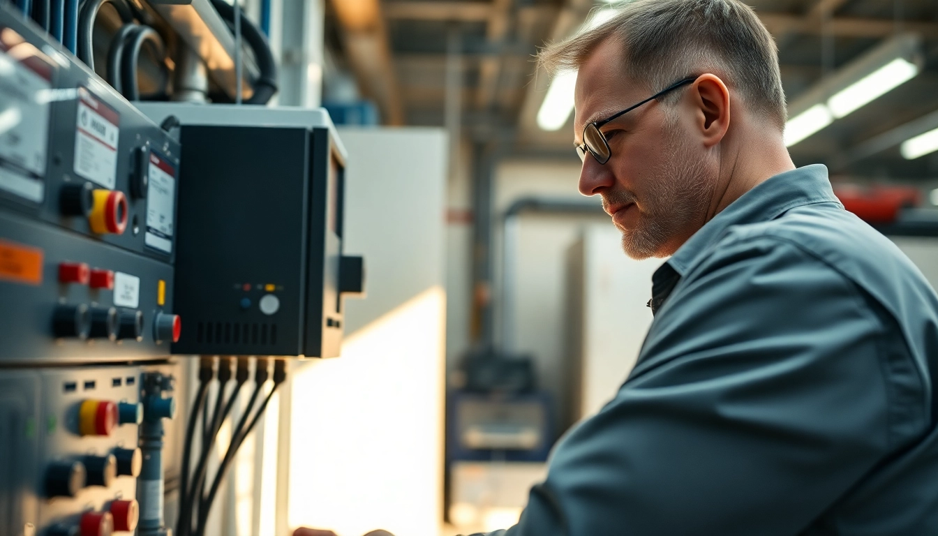 Technician performing DGUV V3 Prüfung with safety equipment in a well-organized workshop.