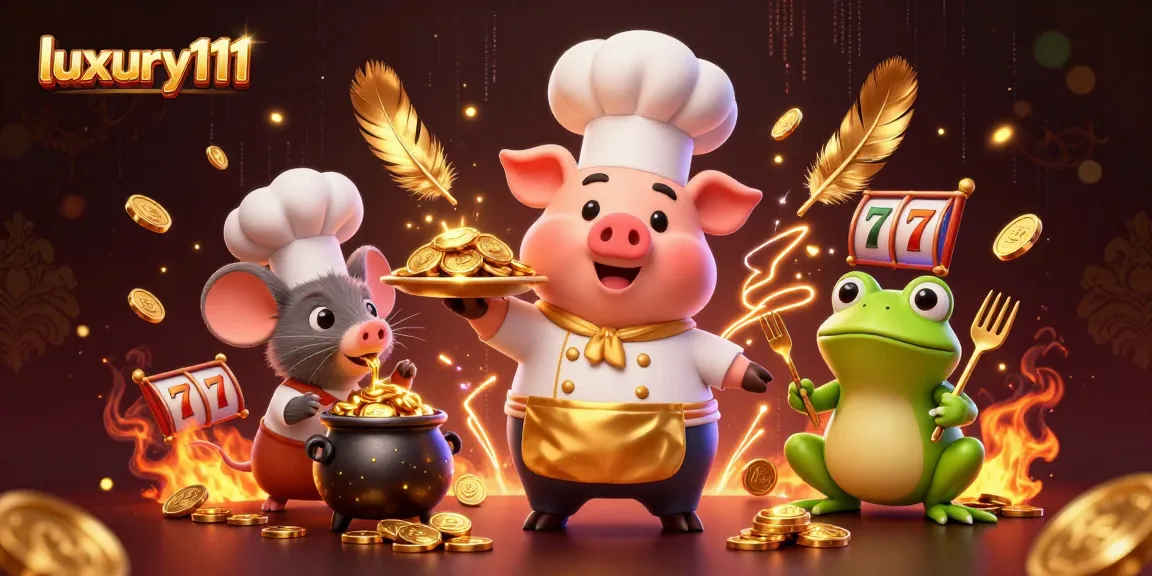Experience luxury111's vibrant casino scene featuring gold coins, slot reels, and whimsical characters.