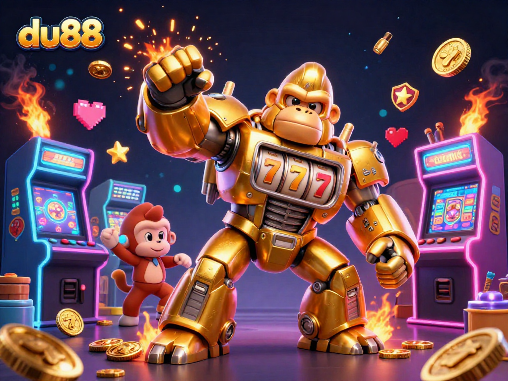 Engage with du88's colorful casino universe, featuring a golden mech and arcade elements.