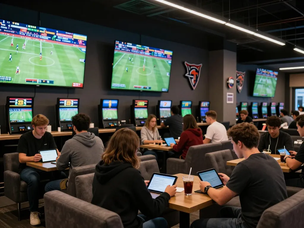 Engaged bettors analyzing odds on Vmax sports betting screens in a modern lounge.