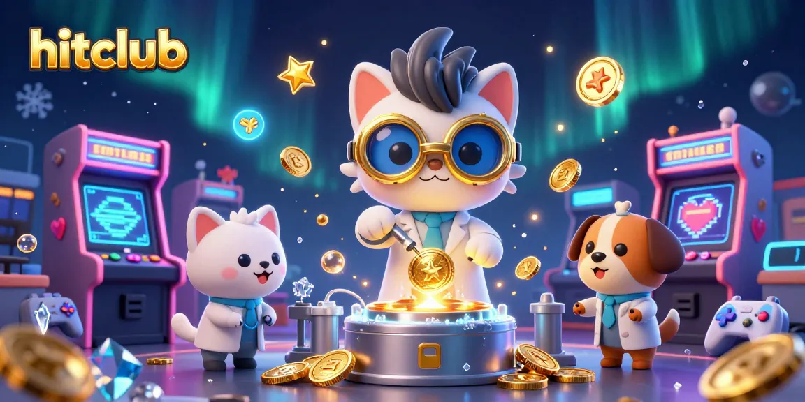 Hitclub gaming experience with a scientist cat and assistant dog creating wealth through casino games.