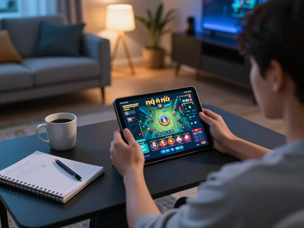 Engaging in game nổ hũ on a tablet in a cozy living room, showcasing strategic online gaming.