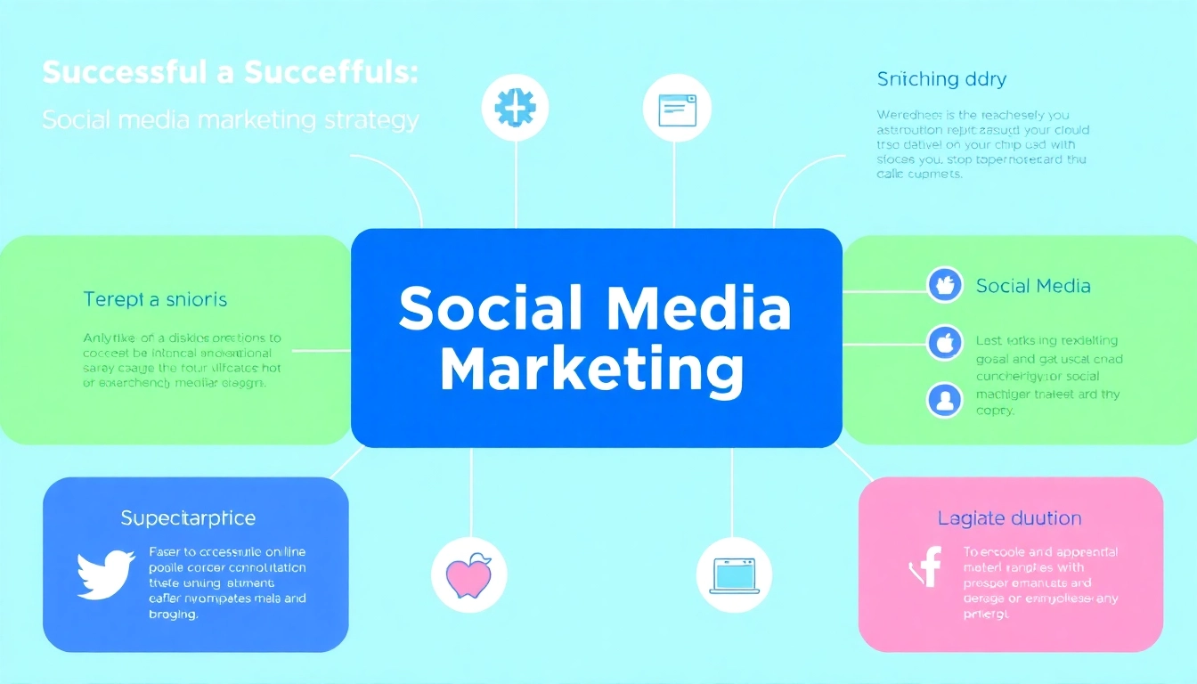Visualize a comprehensive social-media-marketingstrategie with infographics depicting essential components.