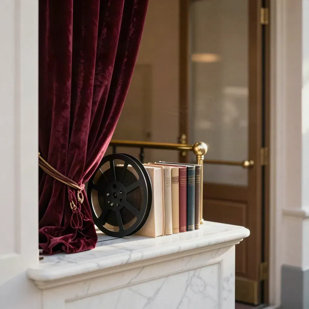 Foyer eines Theaters mit rotem Vorhang, Filmrolle und Büchern auf Marmorsims.
