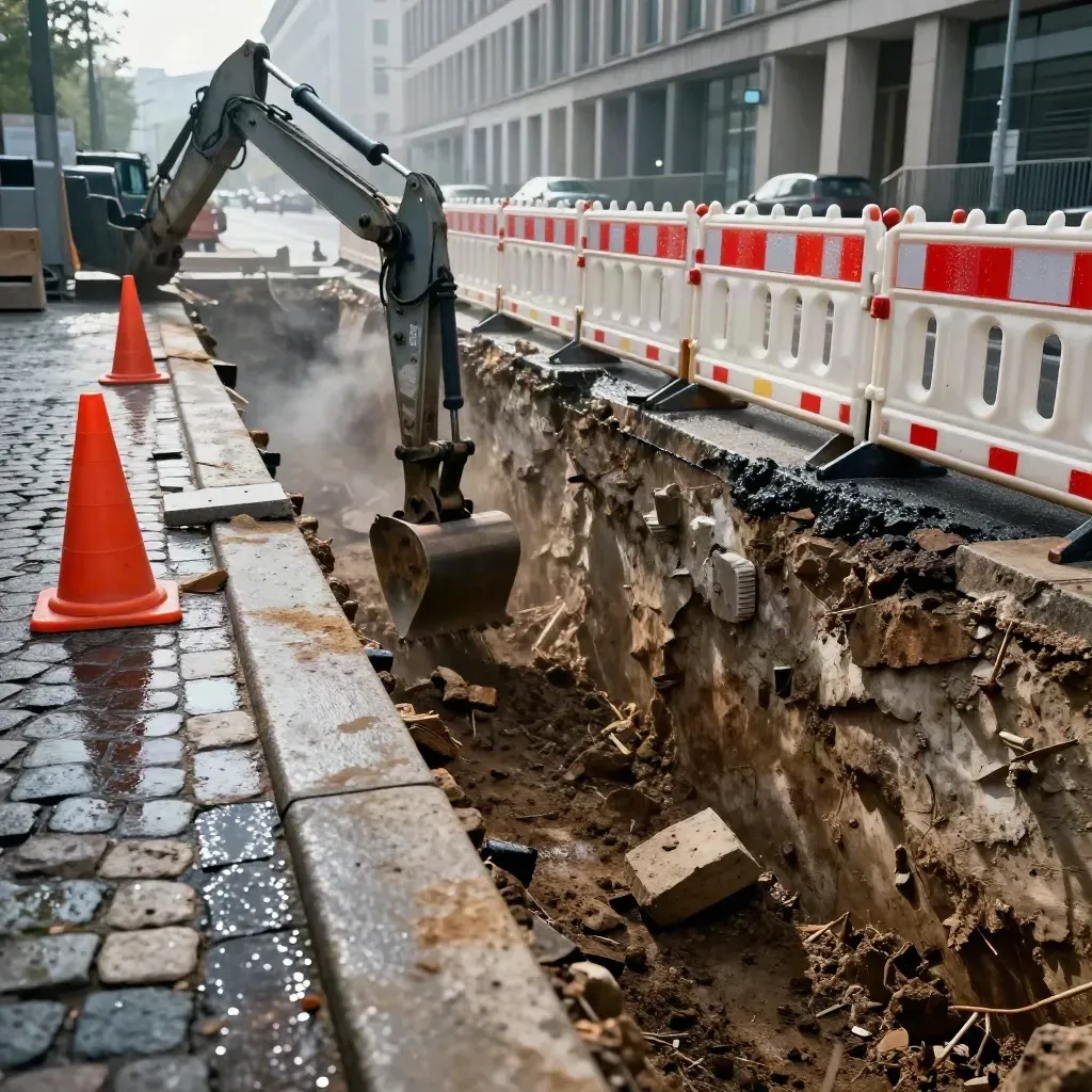 Baggerarm über Berliner Baustellengraben, nasse Absperrungen und Pflastersteine im Regen