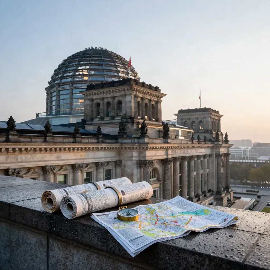 Reichstag-Kuppel im Morgengrauen mit nassem Stein, Zeitungspaketen und Stadtplan.