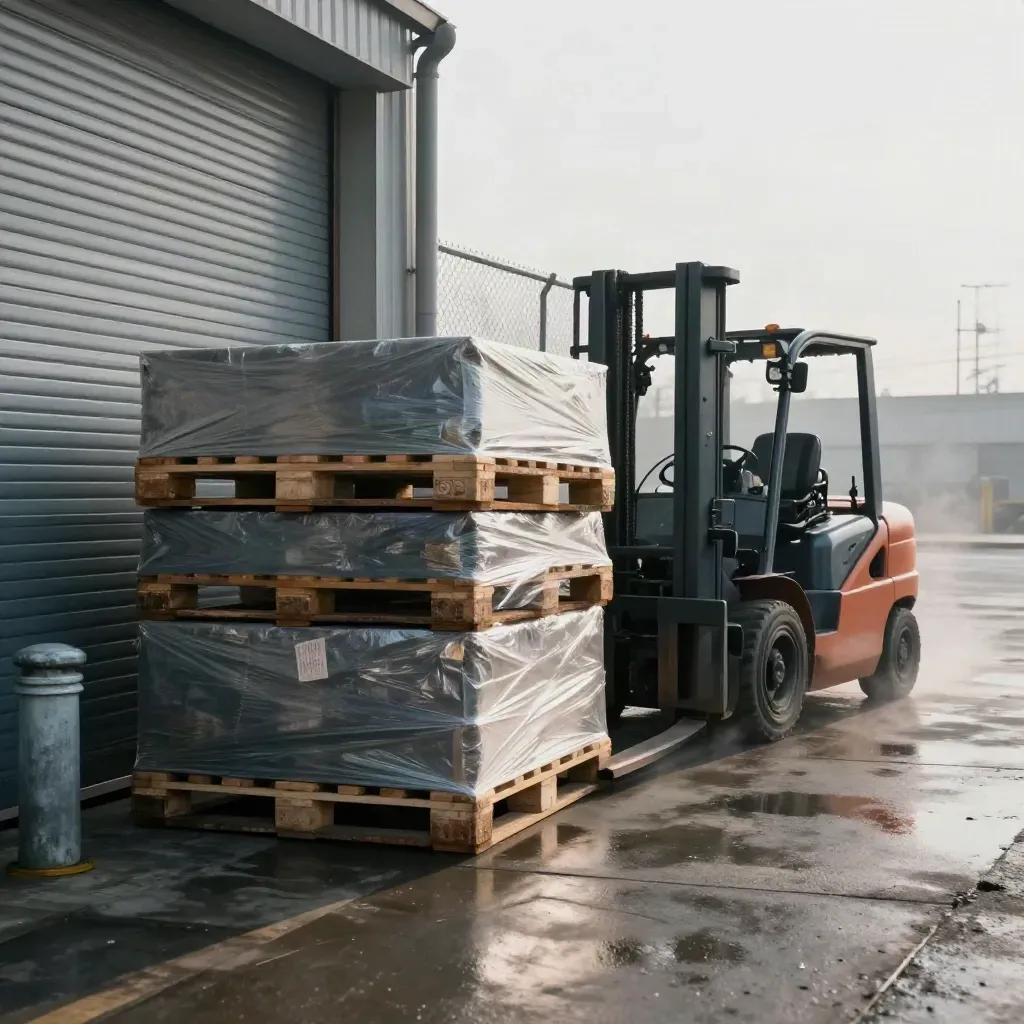 Gabelstapler fährt rückwärts in eine nasse Warenrampe mit Paletten und dampfendem Beton.