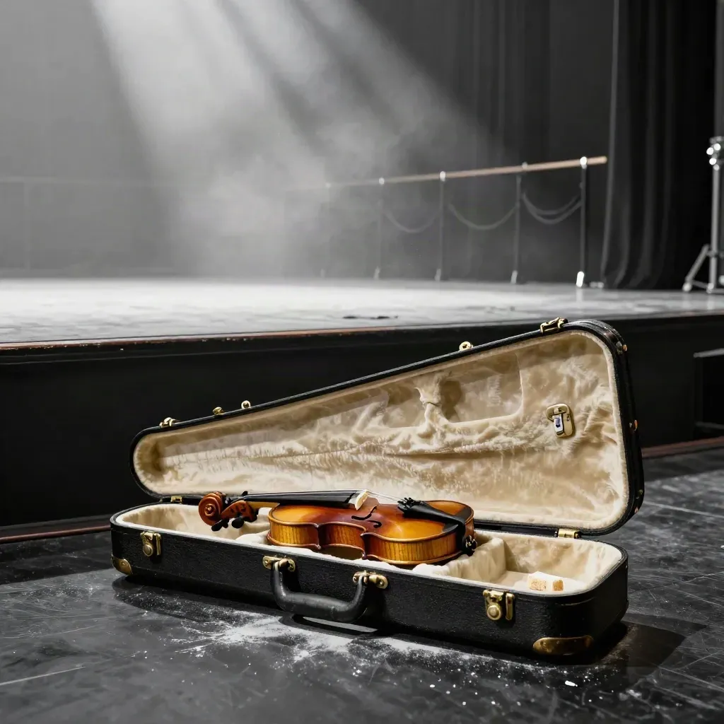 Leere Bühne mit offenen Instrumentenkoffern, Probebeleuchtung und Staub im Licht.