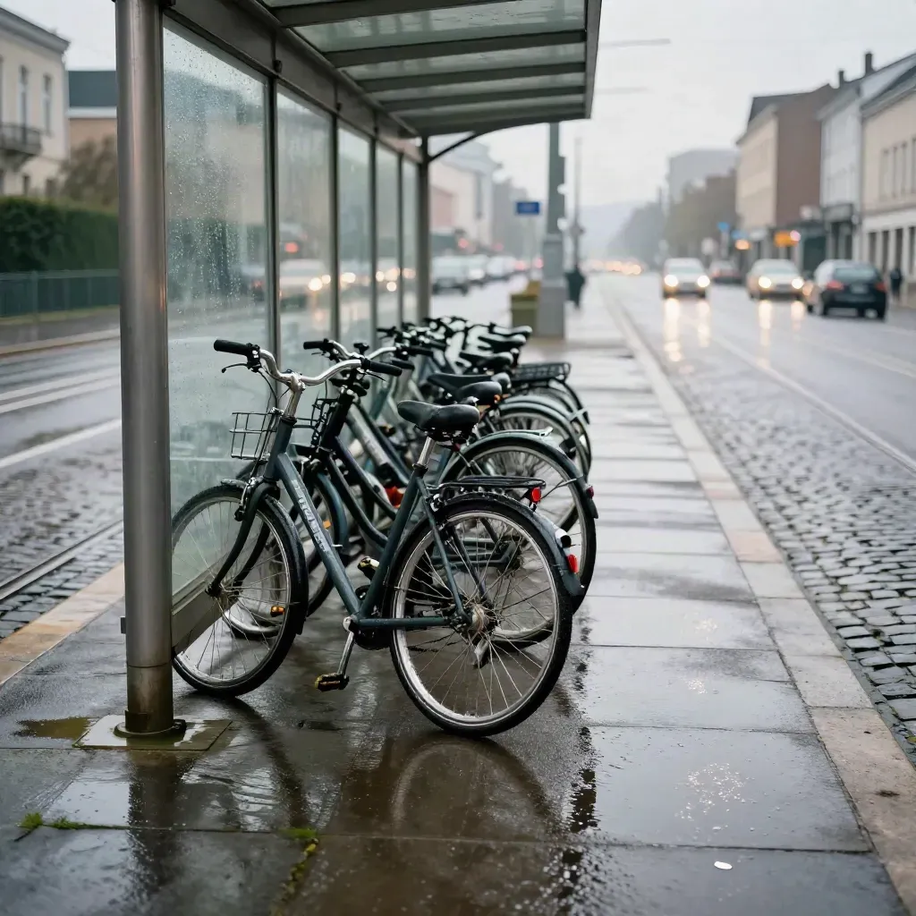 Leerer Tramhaltepunkt, Fahrradreihe und nasses Kopfsteinpflaster mit Regenspiegelungen