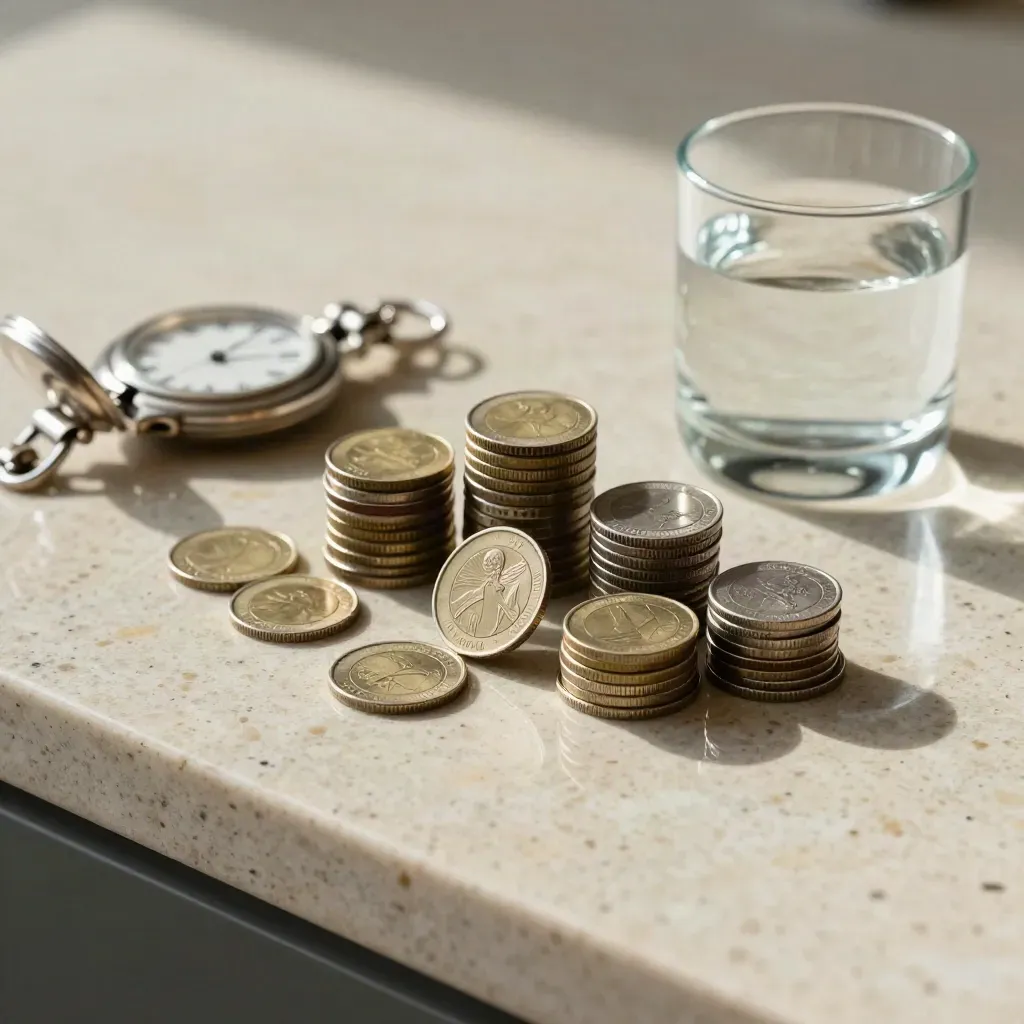 Münzstapel, Taschenuhr und Glas-Papiergewicht auf einem Finanzschreibtisch.