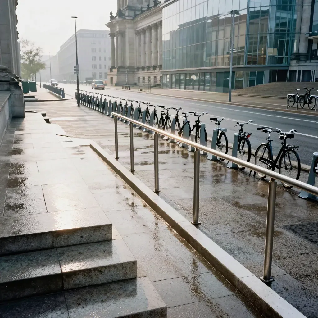 Blick von einer Treppe auf nasse Berliner Regierungsbauten und Fahrradständer im Morgenlicht.