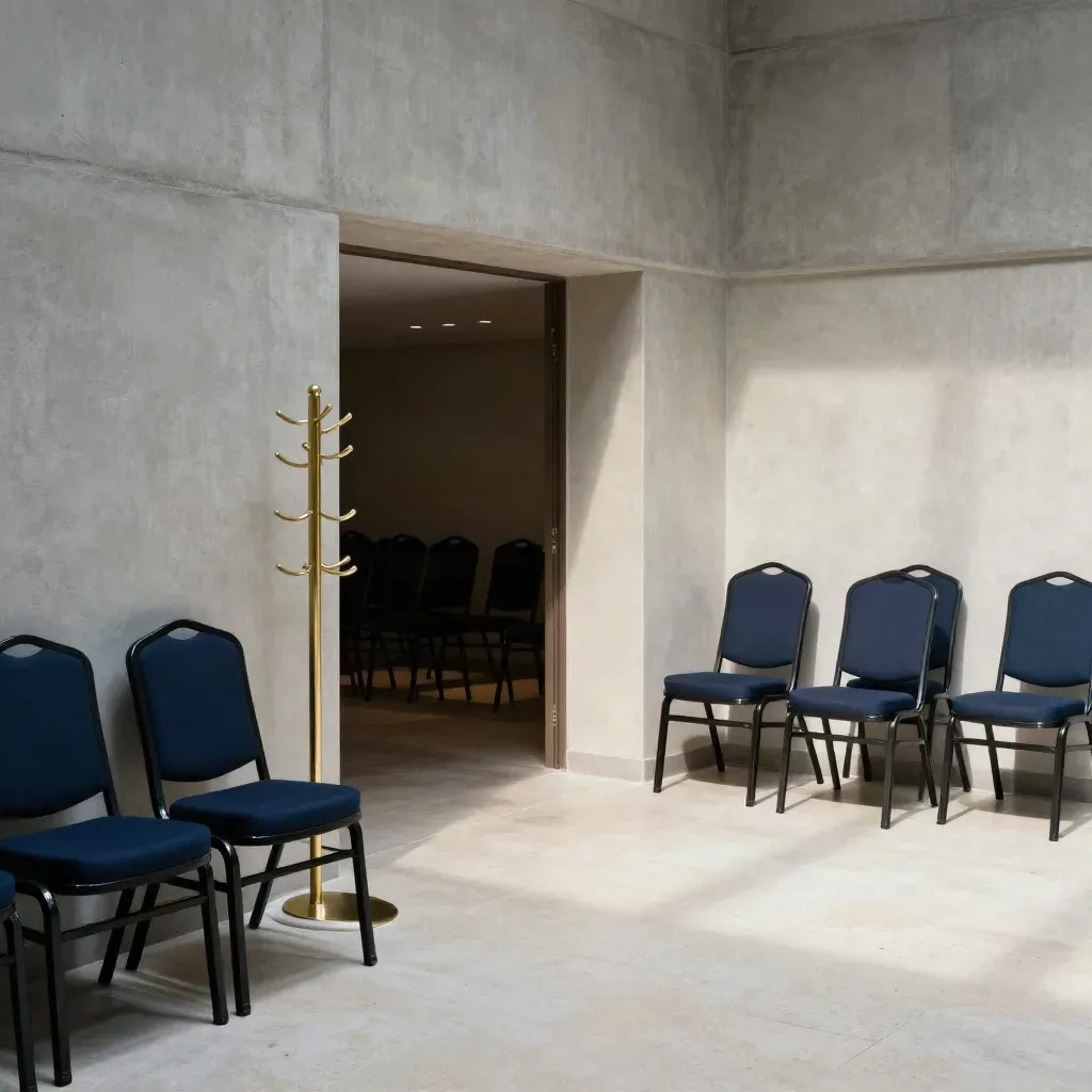 Foyer mit gestapelten Stühlen und Garderobenständer, von der Galerie aus gesehen