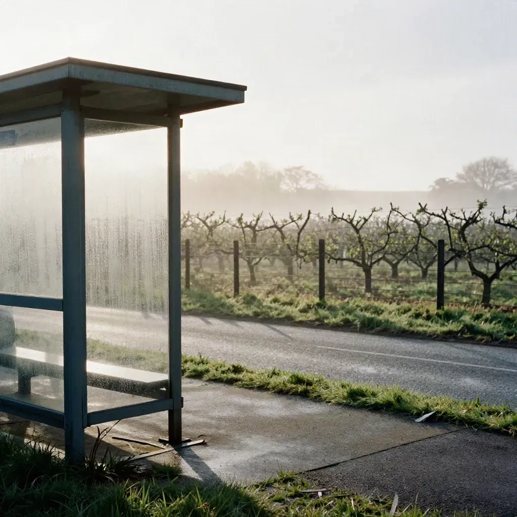 Morgennebel am Kiosk, an der Bushaltestelle und am Obstzaun am Ortsrand.