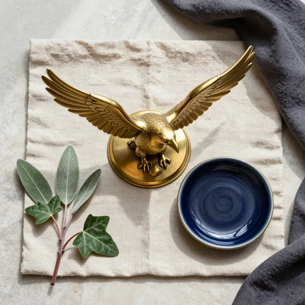 Brassener Adler-Papiergewicht auf Leinen mit Schale und Efeuzweig, von oben