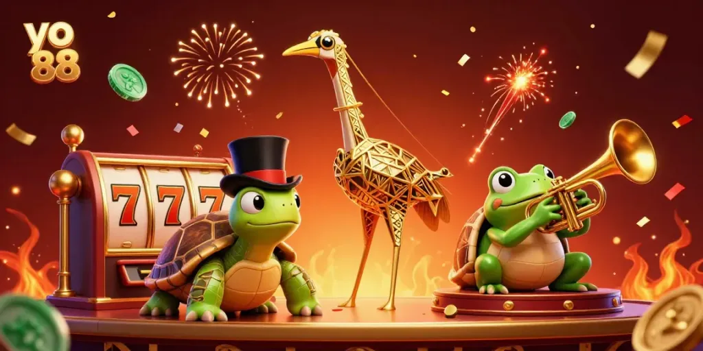 Celebrate with thrilling games at yo 88, featuring exciting slot reels and vibrant confetti.