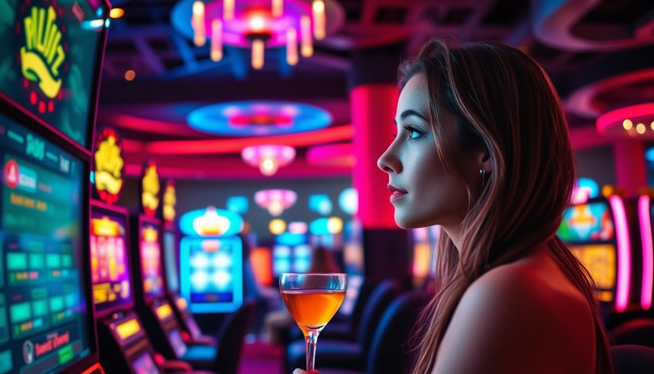 Erlebe aufregende Casino Bonus Angebote, während eine Spielerin sich auf eine Spielautomaten-Runde vorbereitet.