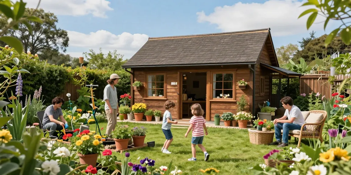 Schönes Gartenhaus aus Holz, umgeben von Blumen und spielenden Kindern.