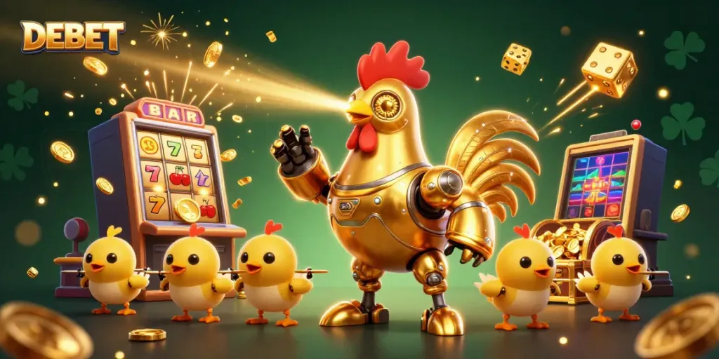 DEBET showcases dynamic gaming featuring a golden robot and baby chick drones amidst a slot machine jackpot explosion.