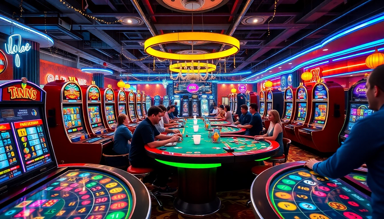 Erleben Sie aufregende Spiele im Casino Online mit leuchtenden Spielautomaten und begeisterten Spielern.