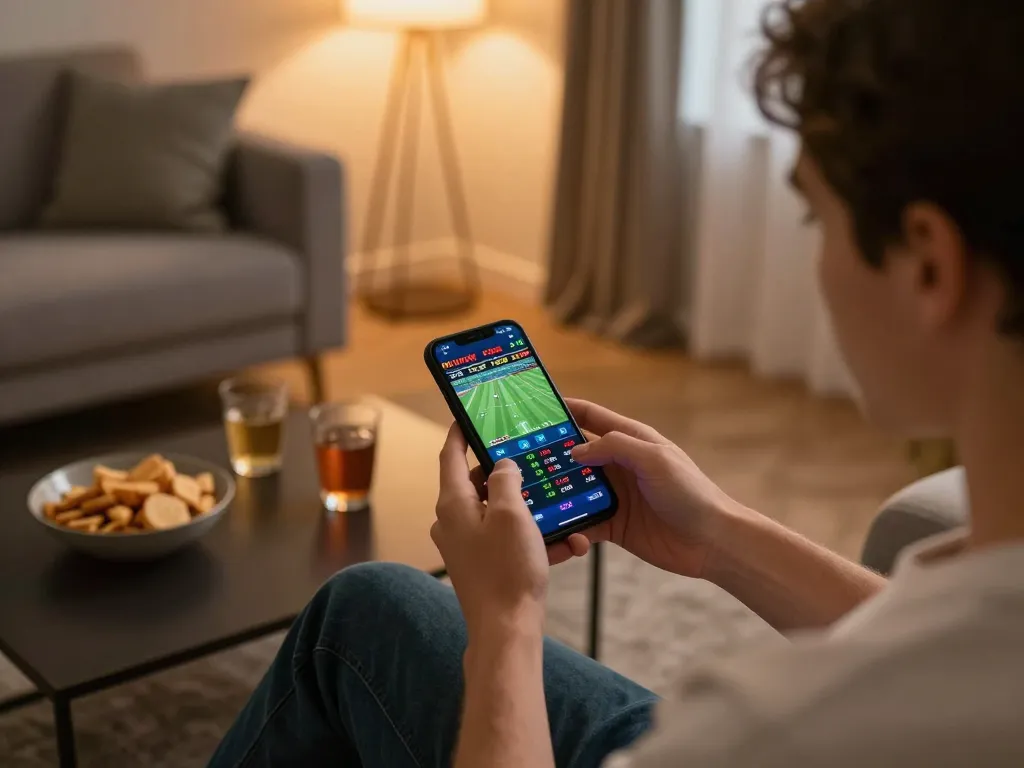 PH22 user placing live sports bets on smartphone, showcasing dynamic betting interface in a cozy home environment.