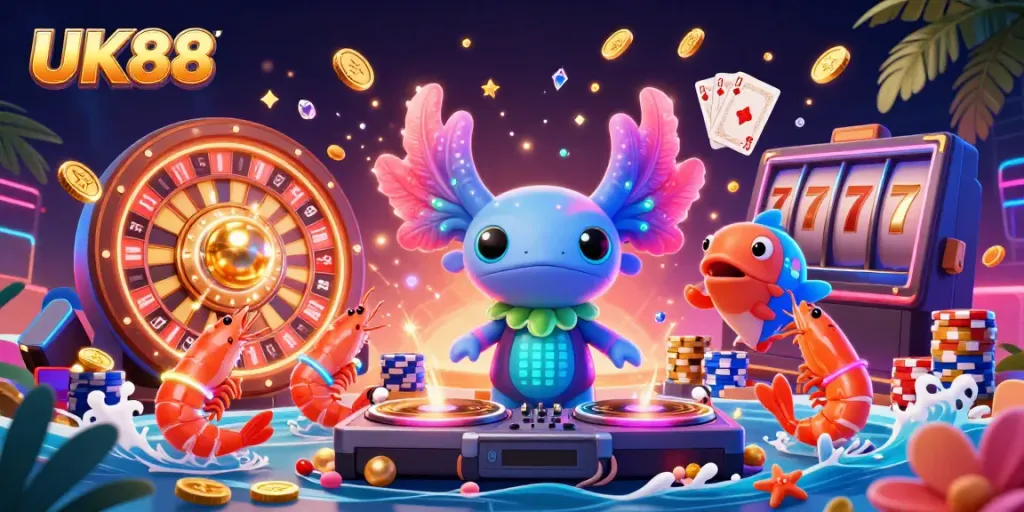 Experience the vibrant UK88 online casino with neon characters, golden coins, and spinning roulette.